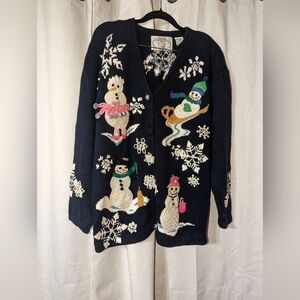 Vintage Knit 1995 Snowman Holiday Cardigan Sweater